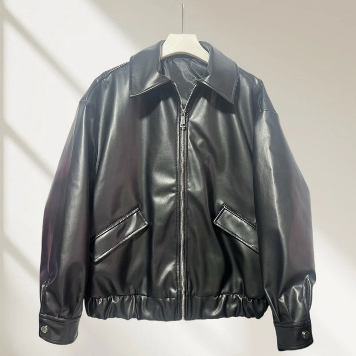 Damen Oversized Kunstleder-Bomberjacke mit Reißverschluss, Pattentaschen und elastischem Saum Drune