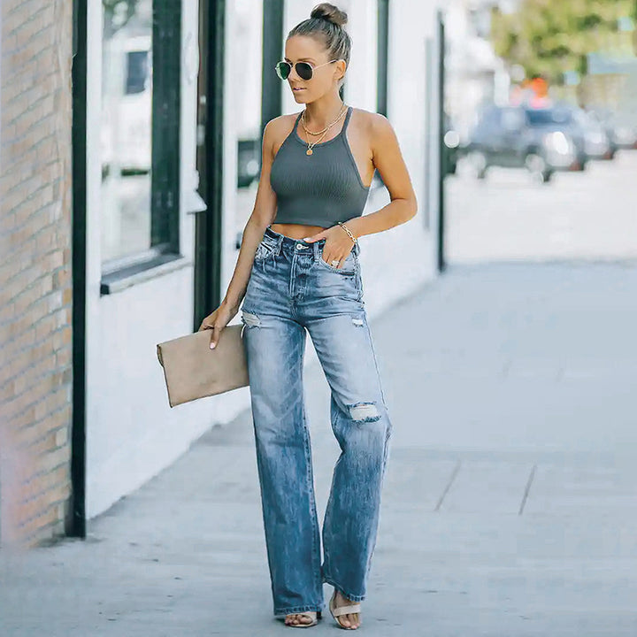 Damen Hochtaillierte weite Straight-Leg-Jeans mit Destroyed-Details Drune