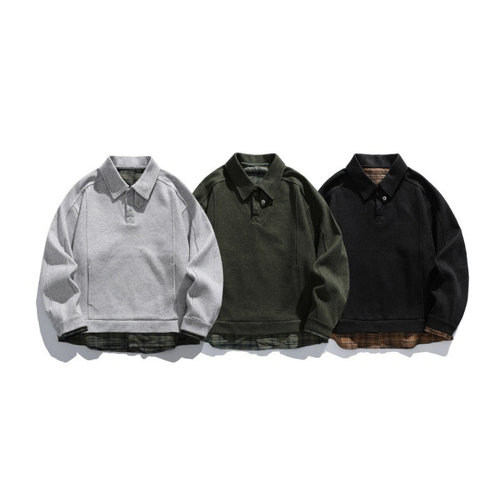 Herren Langärmeliges Polo‑Sweatshirt mit Kentkragen, Knopfleiste und eingearbeitetem Karo‑Layer Drune