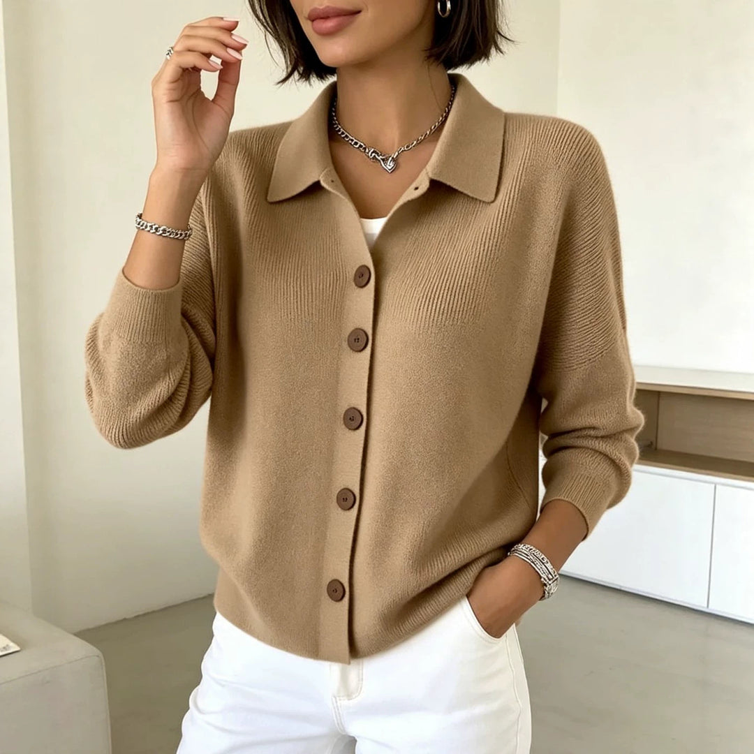 Damen Feinstrick-Cardigan mit Hemdkragen, entspannter Silhouette und Holzknöpfen Drune