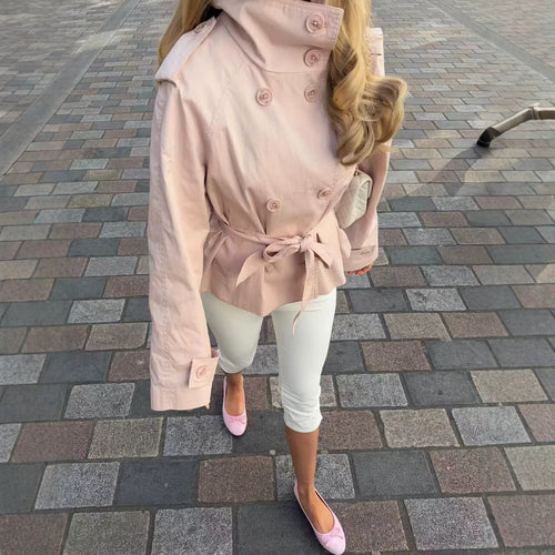 Damen Kurze zweireihige Trenchjacke mit hohem Stehkragen, Schulterklappen und Bindegürtel Drune