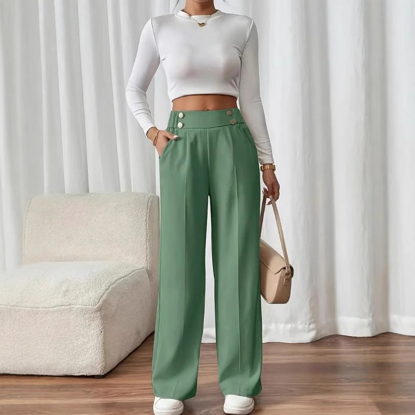 Damen Klassische weite Hose mit Knopfleiste und Taschen Drune