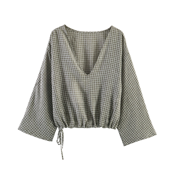Damen 20+ luftiges Leinenoptik‑Blusenshirt mit tiefem V‑Ausschnitt, Kimonärmeln und Tunnelzugsaum Drune