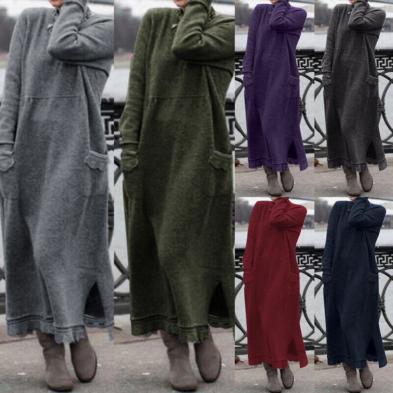 Damen nan langes Strickmaxikleid mit Seitenschlitzen und aufgesetzten Taschen Drune