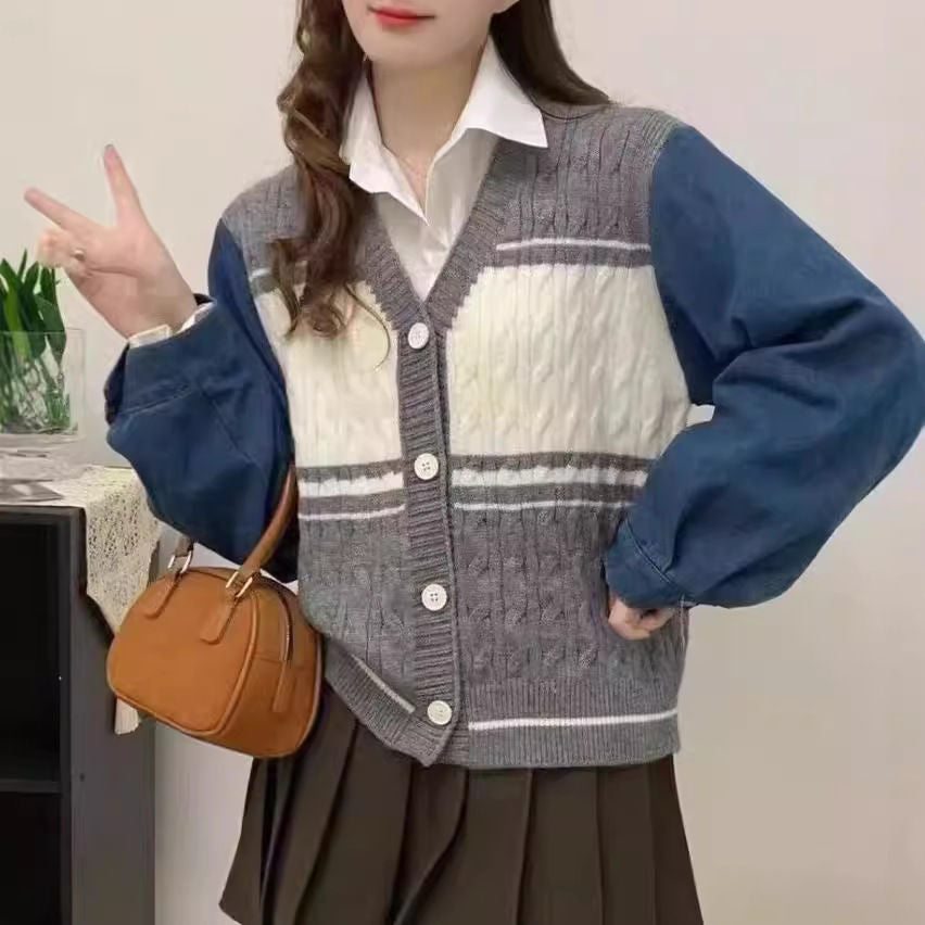 Damen Modische Strickjacke mit Denim-Ärmeln Drune
