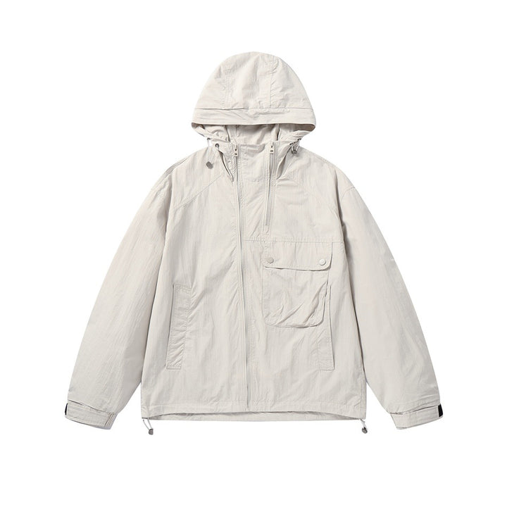 Unisex Leichte Boxy-Windjacke mit Kapuze, Utility-Brusttasche und Kordelzug Drune