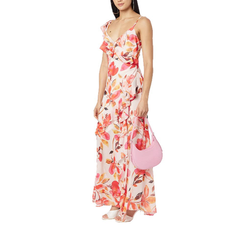 Damen Maxikleid mit floralen Rüschen und schulterfreien Trägern Drune