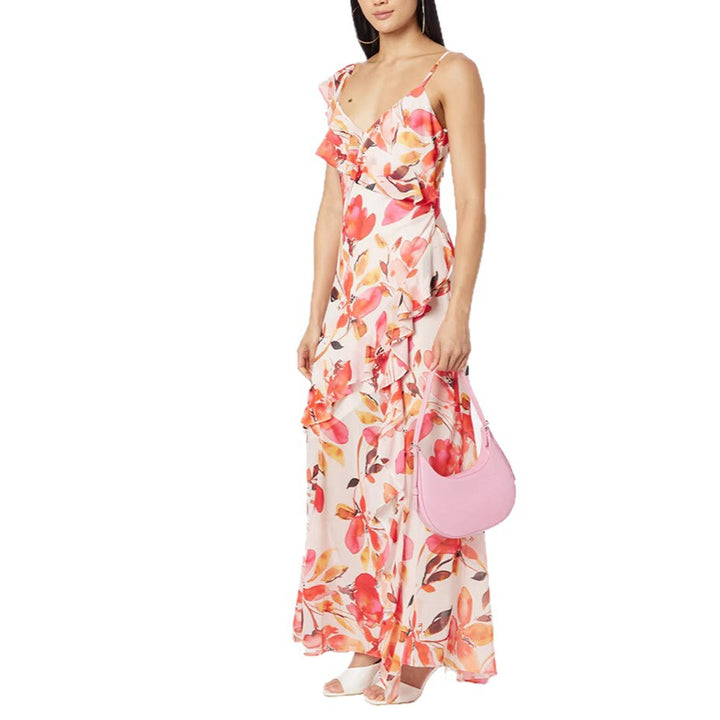 Damen Maxikleid mit floralen Rüschen und schulterfreien Trägern Drune