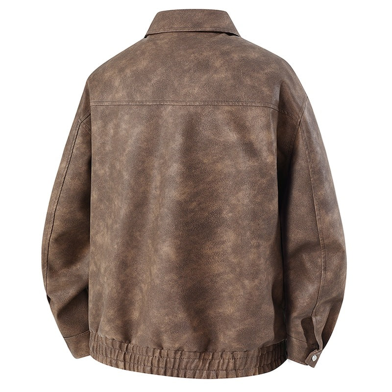 Herren Kurz geschnittene Kunstlederjacke im Vintage‑Look mit Hemdkragen & durchgehendem Reißverschluss Drune