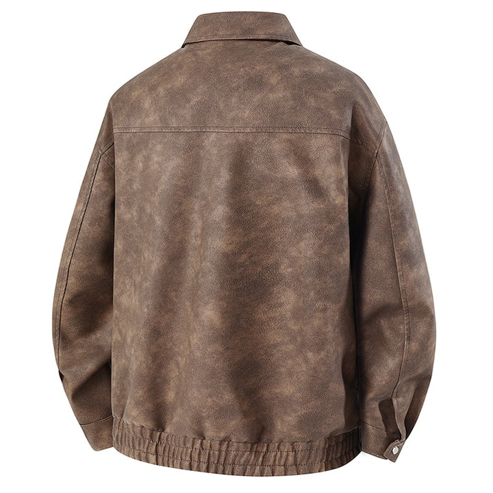 Herren Kurz geschnittene Kunstlederjacke im Vintage‑Look mit Hemdkragen & durchgehendem Reißverschluss Drune