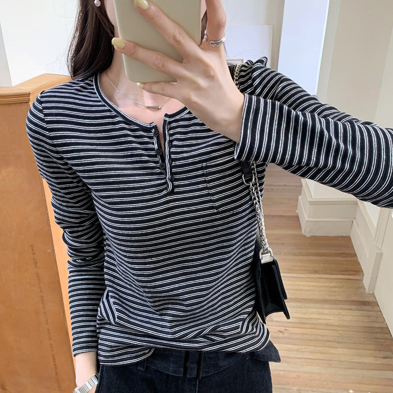 Damen modisches Langarmshirt mit Knopfleiste und Streifenmuster Drune