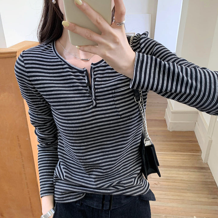 Damen modisches Langarmshirt mit Knopfleiste und Streifenmuster Drune
