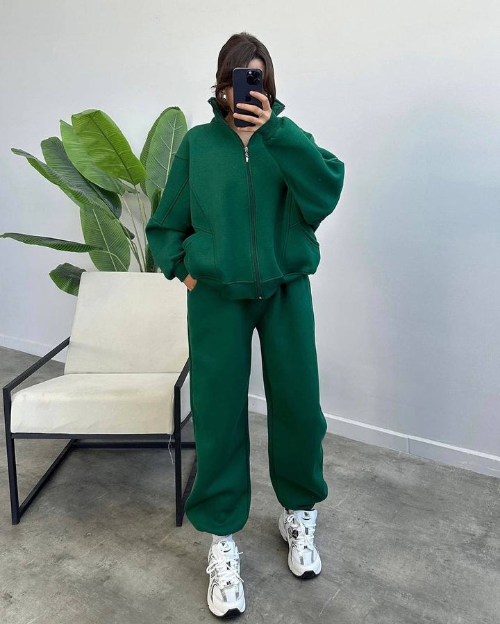 Damen Oversize Fleece-Set mit Reißverschlussjacke und weiten Jogginghosen Drune