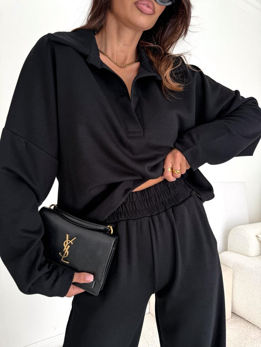 Damen Loungewear-Zweiteiler mit Hemdkragen-Cropped-Sweatshirt und weiter Palazzo-Hose Drune
