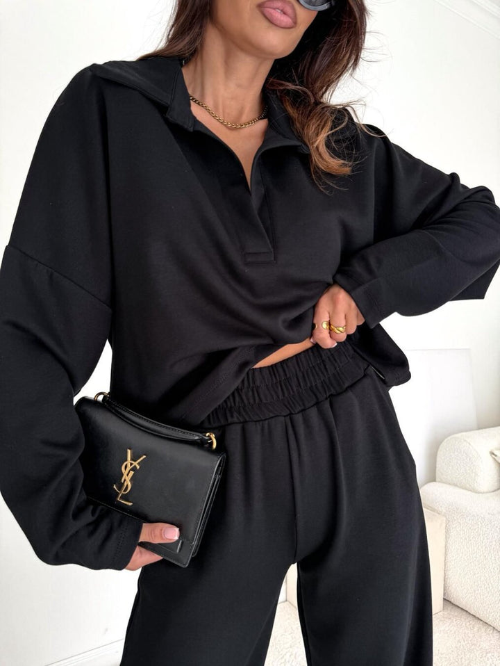 Damen Loungewear-Zweiteiler mit Hemdkragen-Cropped-Sweatshirt und weiter Palazzo-Hose Drune