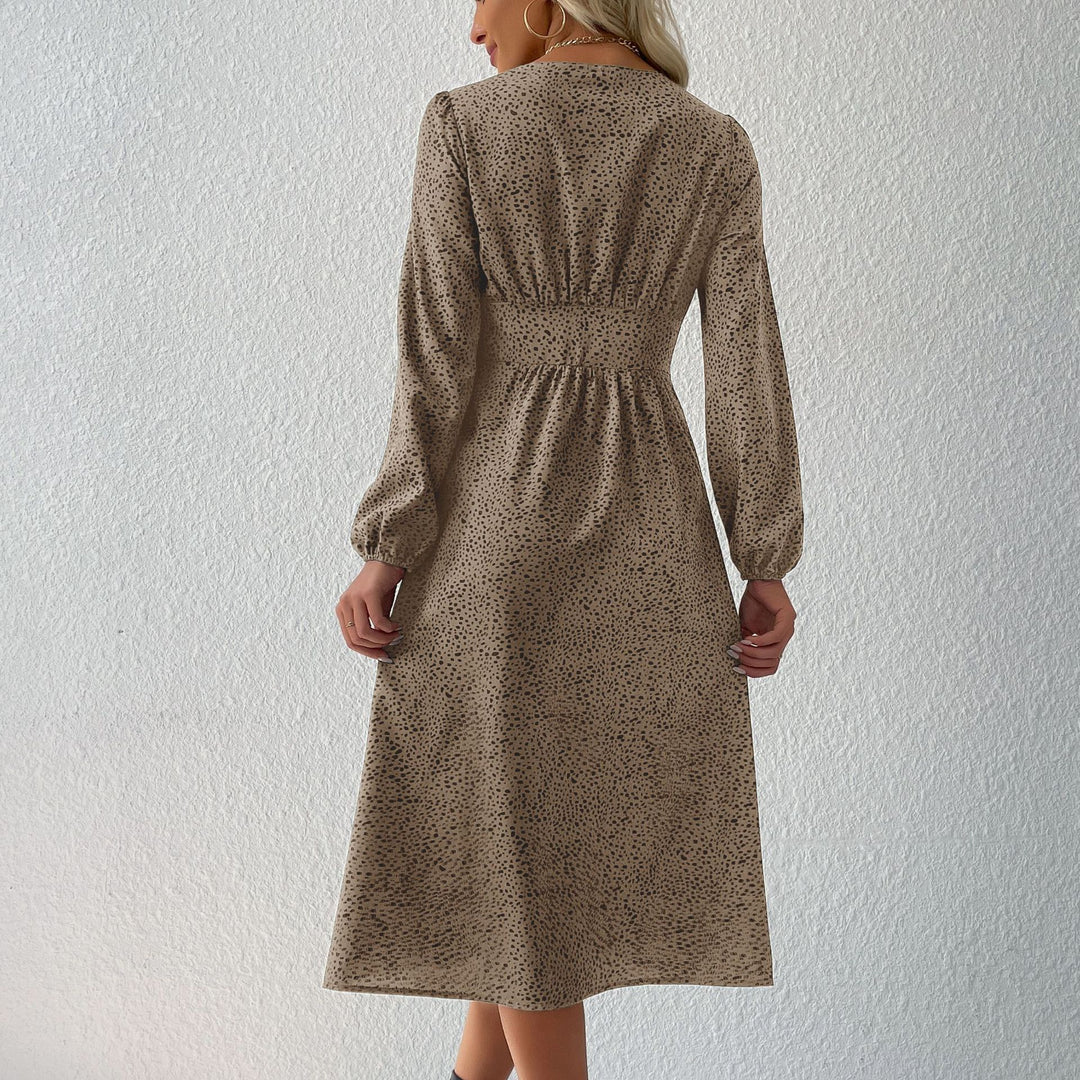 Damen V‑Ausschnitt Midikleid mit Knopfleiste, taillierter Schnitt und Ballonärmeln Drune