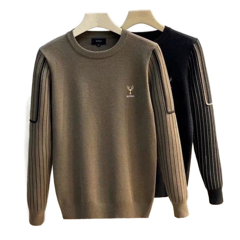 Herren Strickpullover mit gestreiften Rippenärmeln und gesticktem Hirschlogo Drune