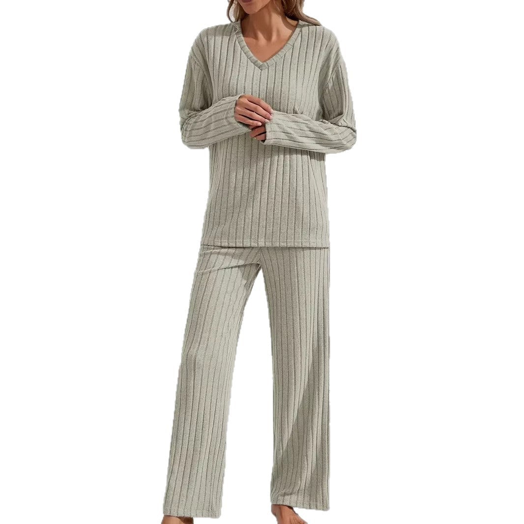 Damen Zweiteiliges geripptes Lounge-Set mit V-Ausschnitt und weitem Bein Drune