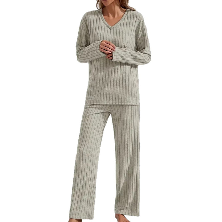 Damen Zweiteiliges geripptes Lounge-Set mit V-Ausschnitt und weitem Bein Drune
