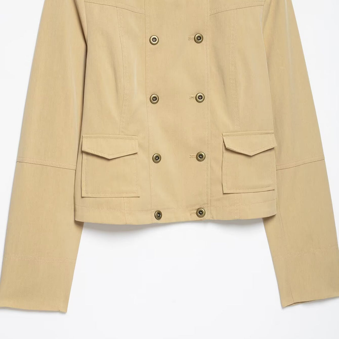 Damen Kurzgeschnittene Doppelreihige Utility-Jacke mit Stehkragen und Pattentaschen Drune