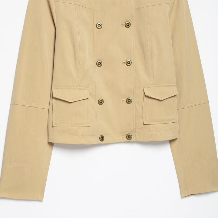 Damen Kurzgeschnittene Doppelreihige Utility-Jacke mit Stehkragen und Pattentaschen Drune