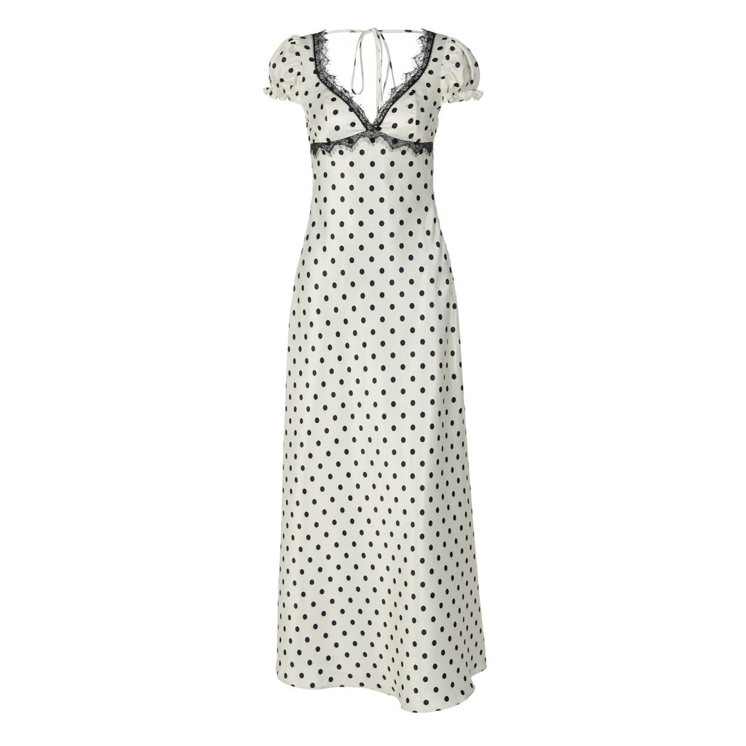 Damen Polka Dot Maxikleid mit eleganten Rüschendetails und nostalgischem Ausschnitt Drune