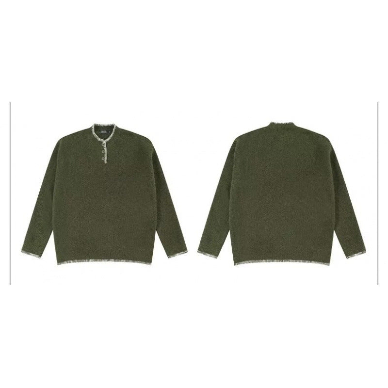 Herren Grobstrick-Henley-Pullover mit Bouclé-Optik und kontrastierten Bündchen Drune