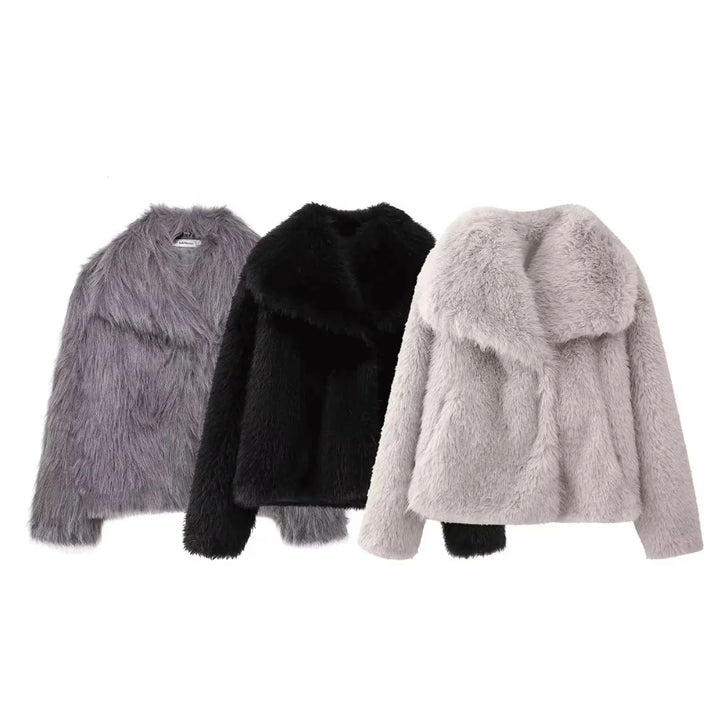 Damen nan cropped Oversize Kunstfelljacke mit voluminösem Schalkragen und innenliegendem Thermofutter Drune