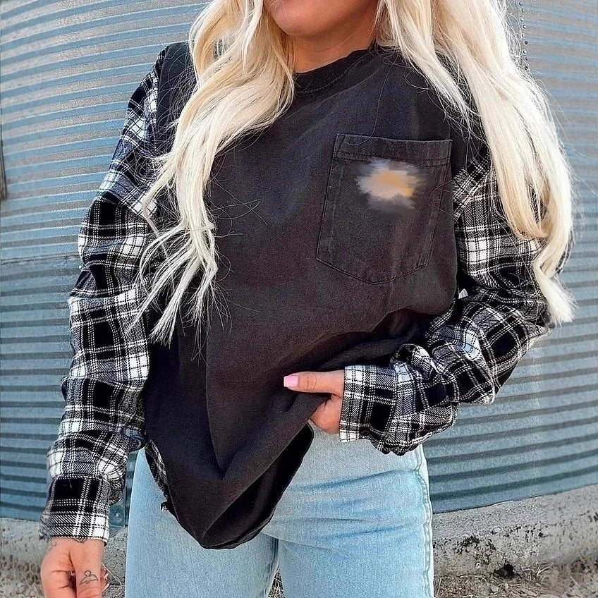 Damen nan Oversize-Sweatshirt im Materialmix mit Karoärmeln und aufgesetzter Brusttasche Drune