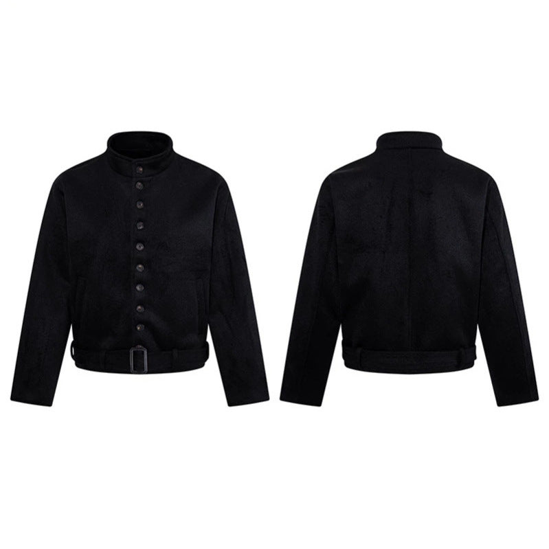 Herren Kurze Wollmix‑Jacke mit Stehkragen, durchgehender Knopfleiste und Taillengürtel Drune