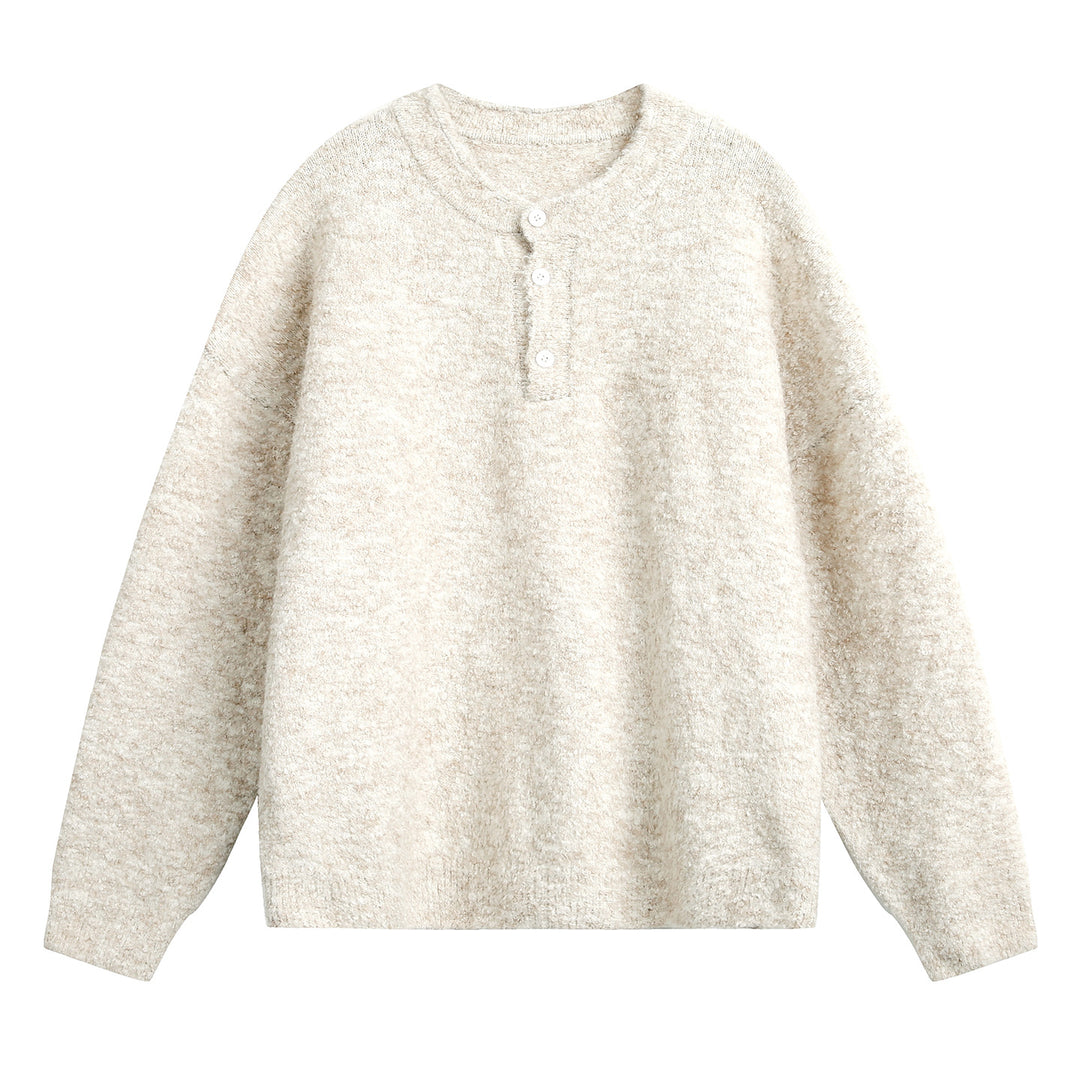 Unisex Grobgestrickter Henley-Pullover mit Rundhalsausschnitt und Knopfleiste Drune
