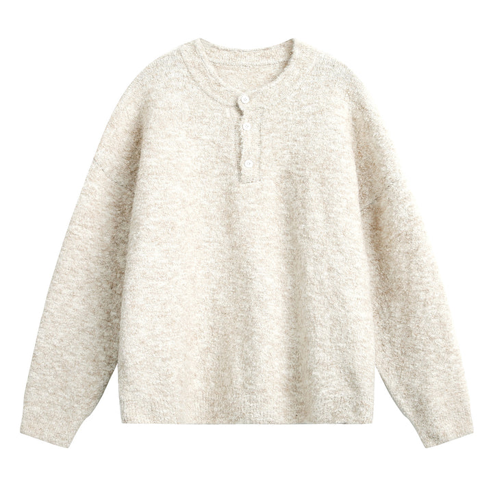 Unisex Grobgestrickter Henley-Pullover mit Rundhalsausschnitt und Knopfleiste Drune