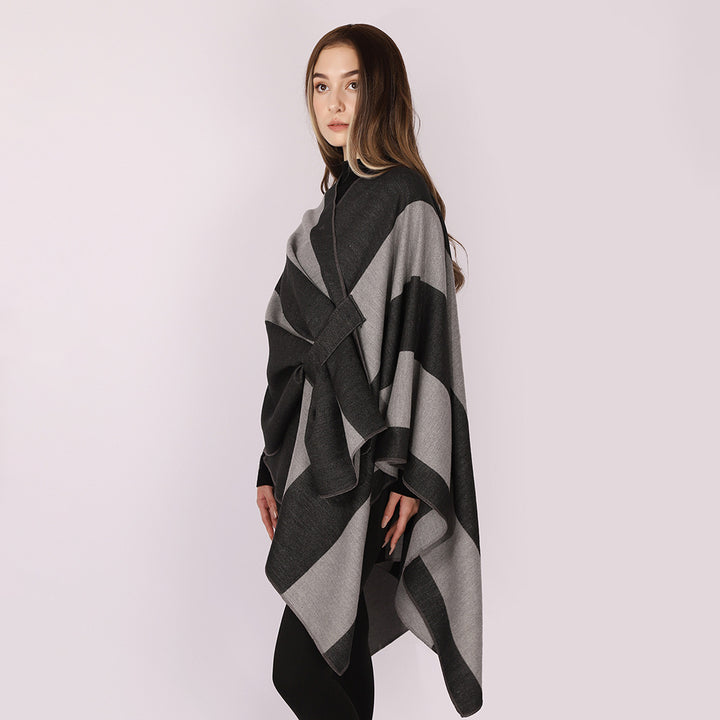 Damen Oversize-Cape mit Blockstreifen und Bindegürtel Drune