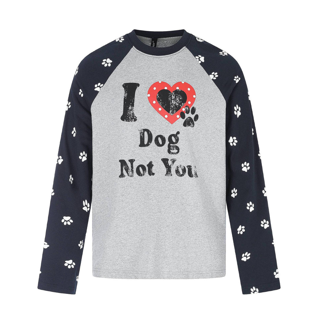 Damen Longsleeve-Raglanshirt mit Hunde‑Slogan und Pfotenmuster Drune