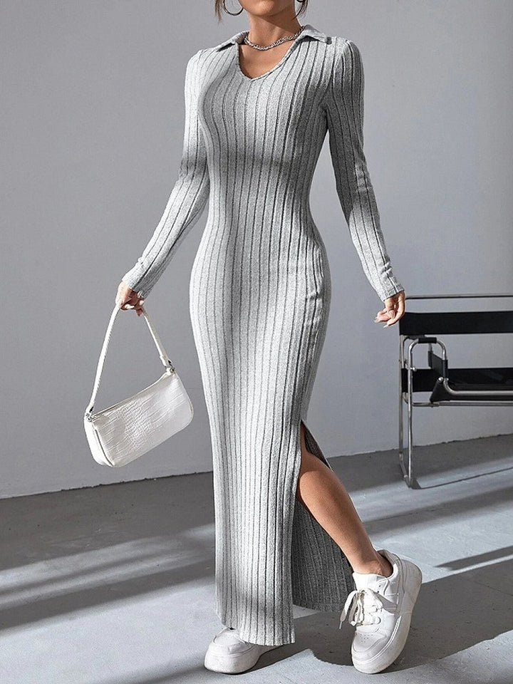 Damen Langärmliges Rippkleid mit Slit und Kragen Drune