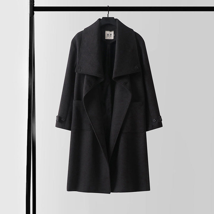 Damen Eleganter langer Wollmix-Cocoon-Mantel mit überlappendem Schalkragen und aufgesetzten Taschen Drune