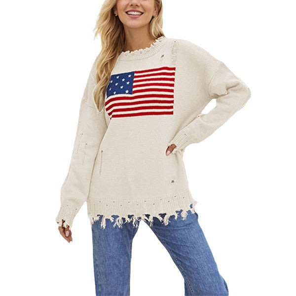 Damen modischer Pullover mit Flaggenmotiv und Fransensaum Drune