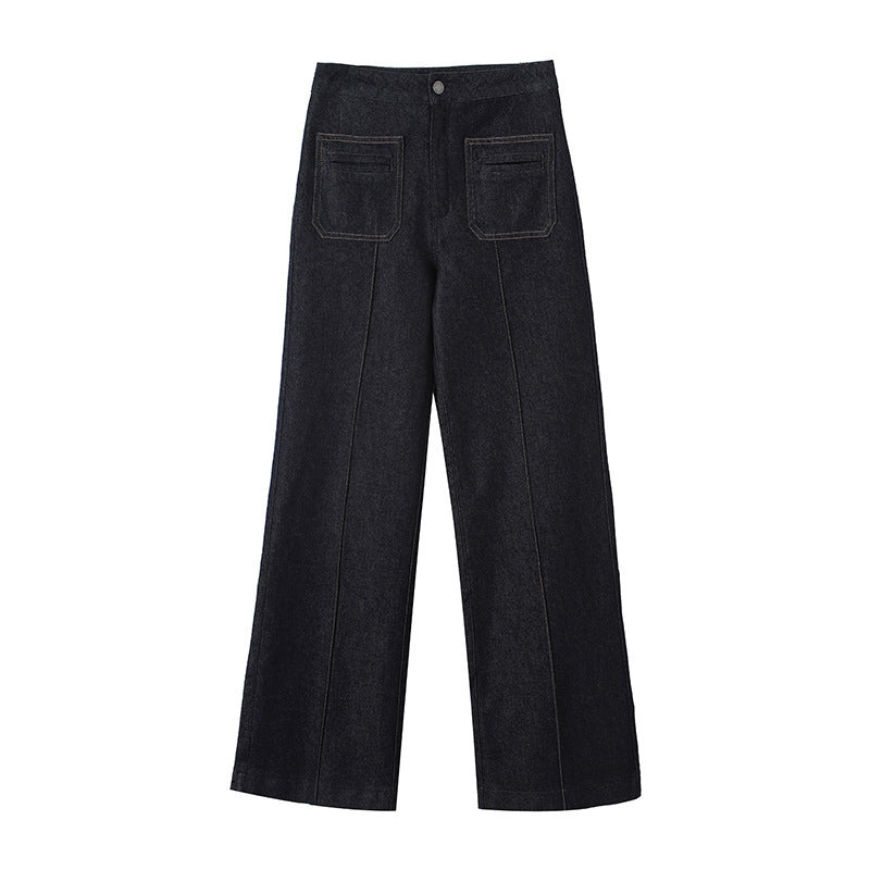 Damen High‑Waist Weite Denimhose mit durchgehender Mittelnaht und aufgesetzten Taschen Drune