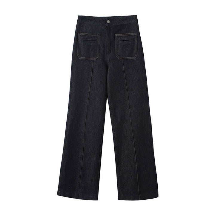 Damen High‑Waist Weite Denimhose mit durchgehender Mittelnaht und aufgesetzten Taschen Drune