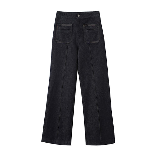 Damen High‑Waist Weite Denimhose mit durchgehender Mittelnaht und aufgesetzten Taschen Drune