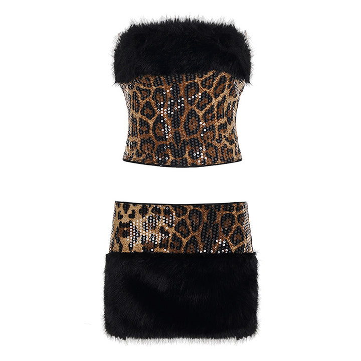 Damen glitzerndes Leopardenmuster Oberteil mit Kunstfellbesatz Drune