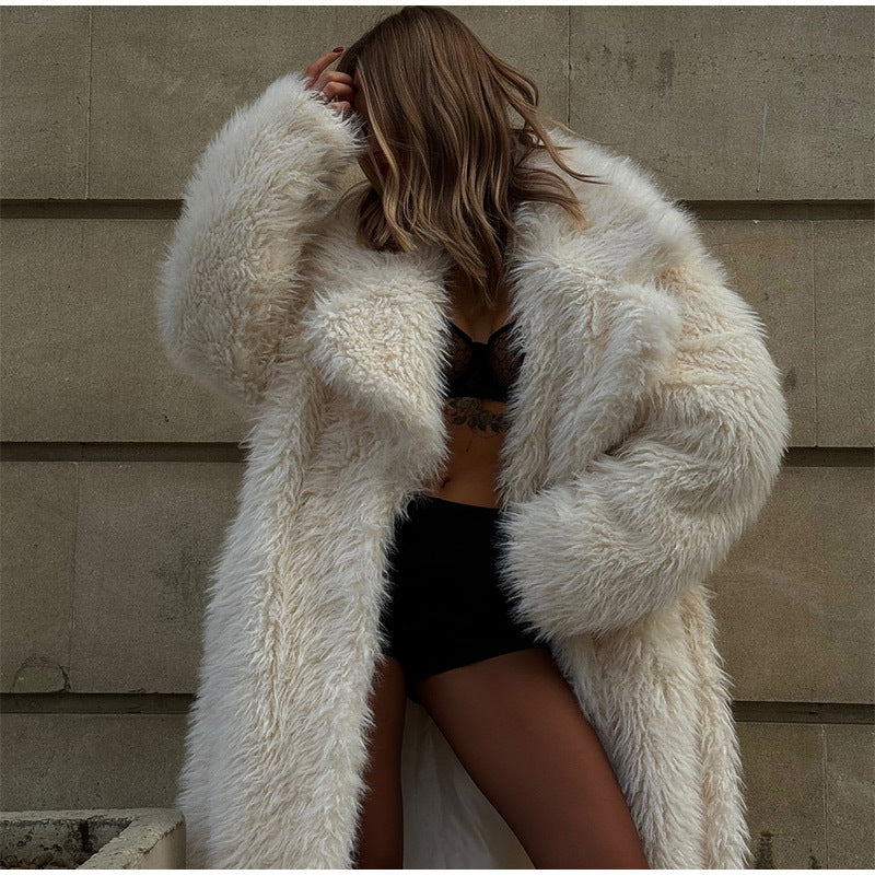 Damen Extravaganter Hochflor-Kunstpelz-Mantel mit Oversize‑Silhouette und tiefem Schalkragen Drune