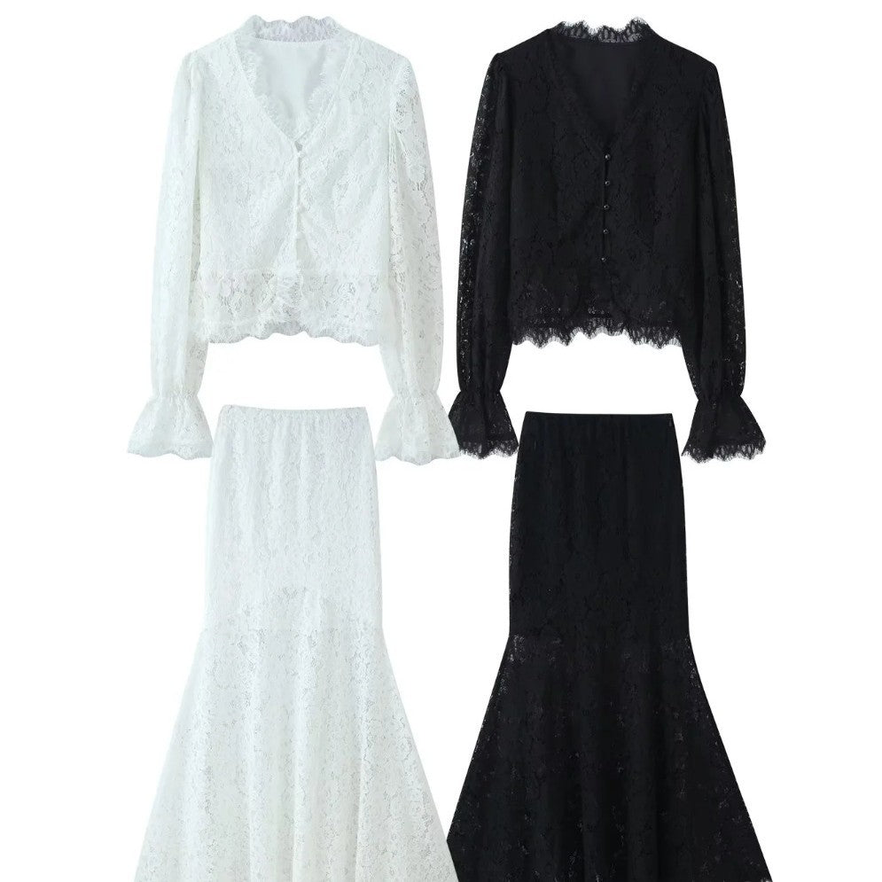 Damen 20+ zweiteiliges Spitzen‑Set: taillierte Bluse mit Volantärmeln und ausgestelltem Mermaid‑Midirock Drune