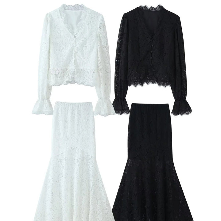 Damen 20+ zweiteiliges Spitzen‑Set: taillierte Bluse mit Volantärmeln und ausgestelltem Mermaid‑Midirock Drune