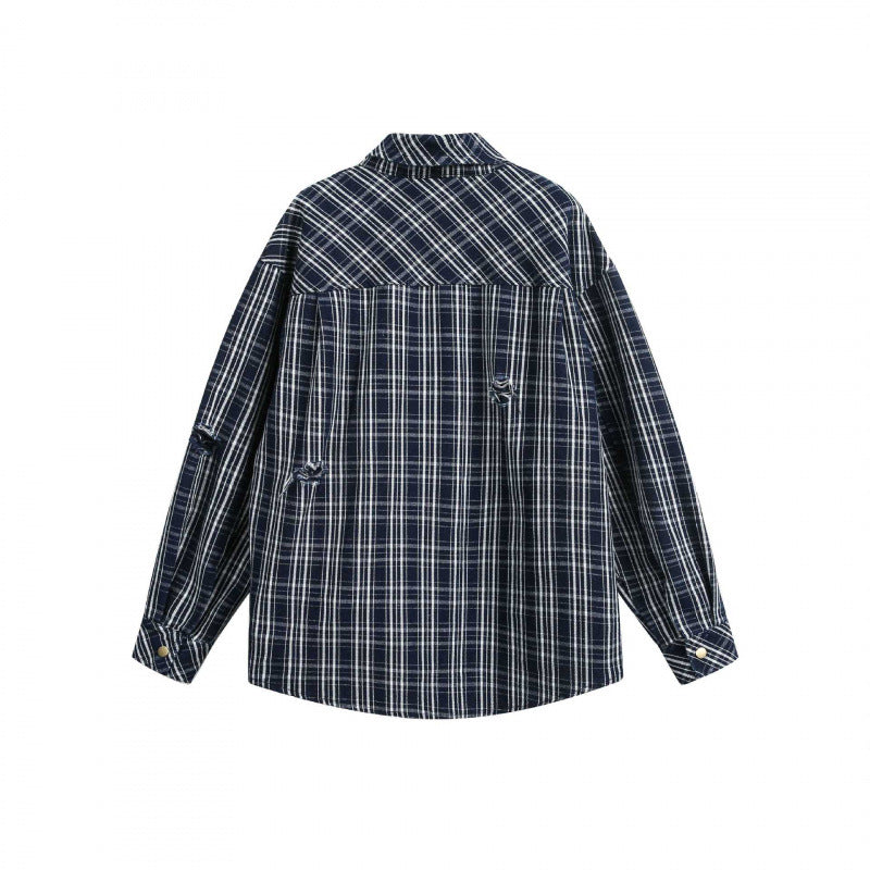 Unisex Boxy-Hemdjacke im karierten Flanell-Look mit aufgesetzten Brusttaschen und Used-Details Drune