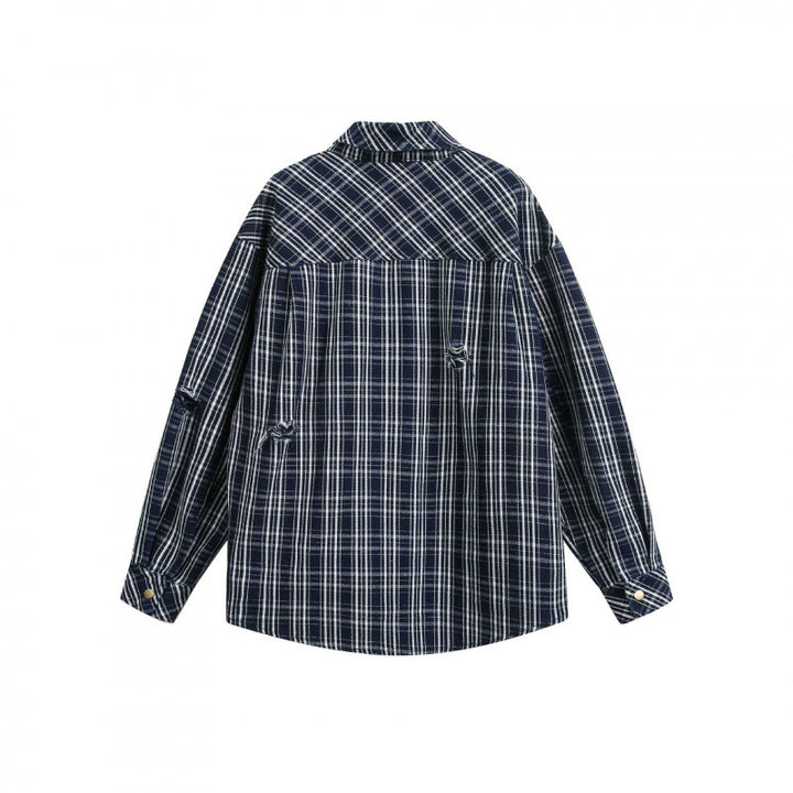 Unisex Boxy-Hemdjacke im karierten Flanell-Look mit aufgesetzten Brusttaschen und Used-Details Drune