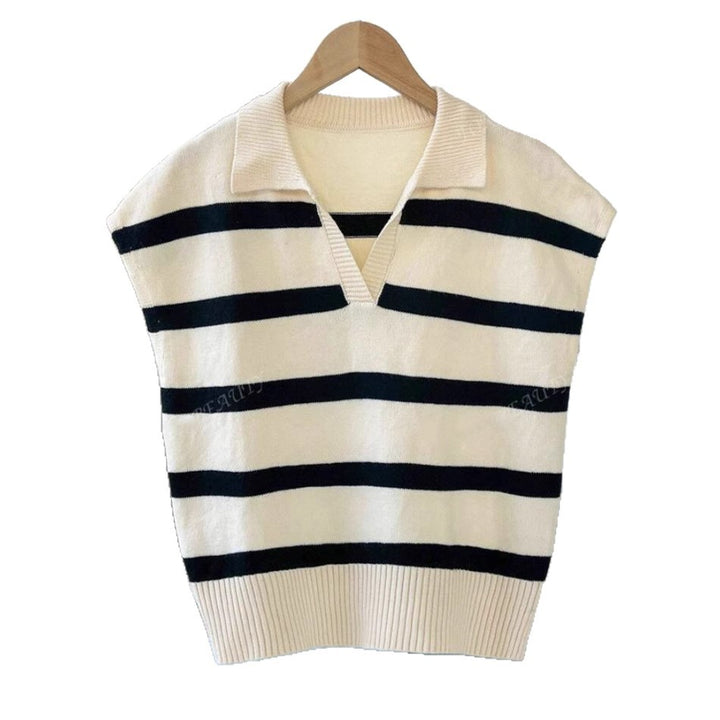 Damen Gestreiftes Kurzarm-Stricktop mit V-Kragen und überschnittener Schulter Drune