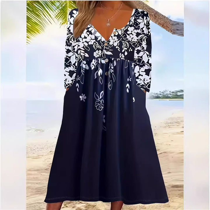 Damen Maxikleid mit V-Ausschnitt, Blumenprint, Knopfleiste und Eingrifftaschen Drune