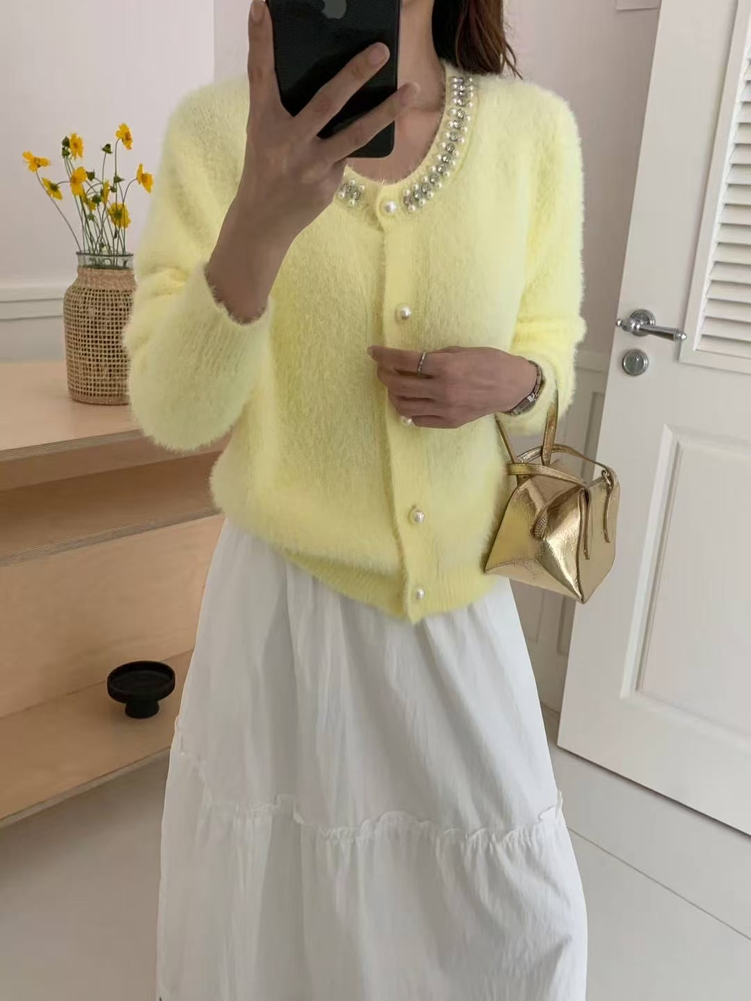 Damen Kuschelige Cardigan mit Perlen-Dekor Drune