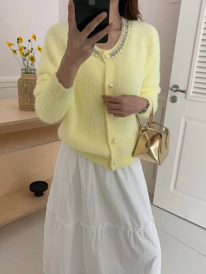 Damen Kuschelige Cardigan mit Perlen-Dekor Drune
